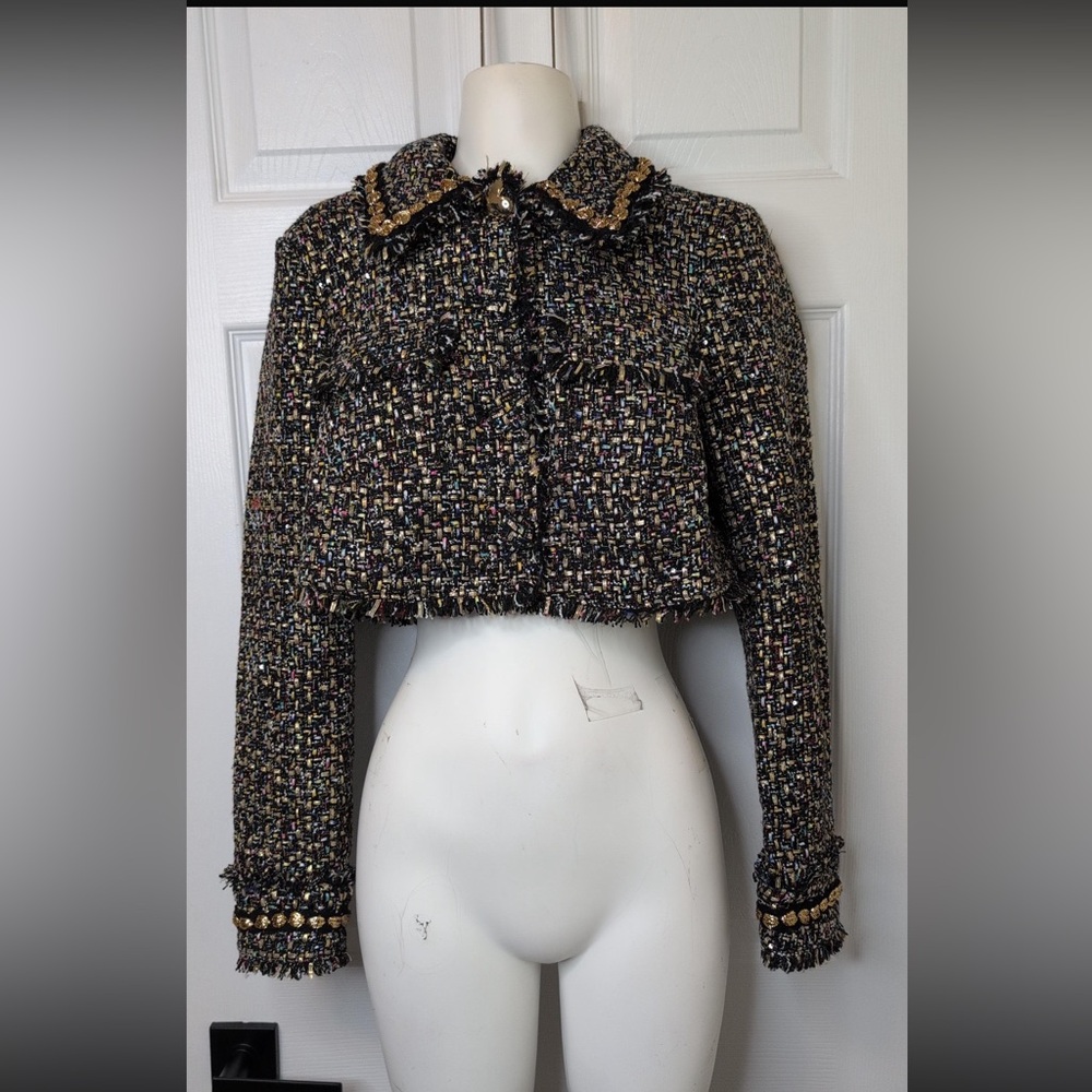NEW! Cinq a Sept Size 2 'Odette' Cropped Confetti Tweed Jacket, Black Multi - Picture 6 of 9